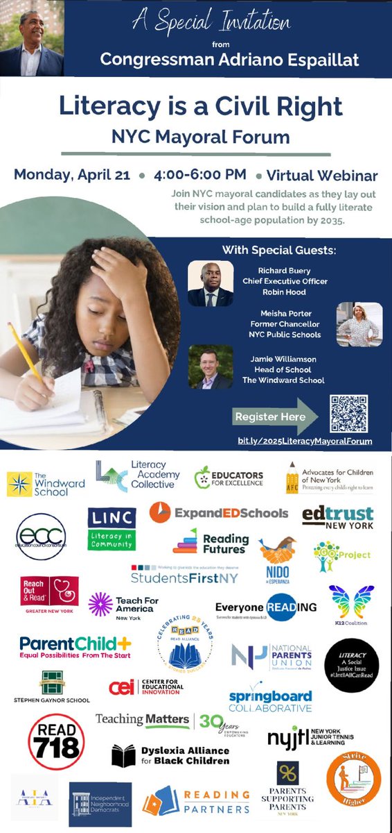 NationalParents's tweet photo. Literacy is a Civil Right — and it must be front & center in NYC’s next mayoral race. Tune in to the Mayoral Forum on Monday, April 21 | 4-6PM ET on Zoom: https://t.co/L1q2Z5szaf

Opening remarks from U.S. @RepEspaillat followed by a convo w/ NYC mayoral candidates. #RightToRead #NYC2025 #ParentPower #LiteracyMatters