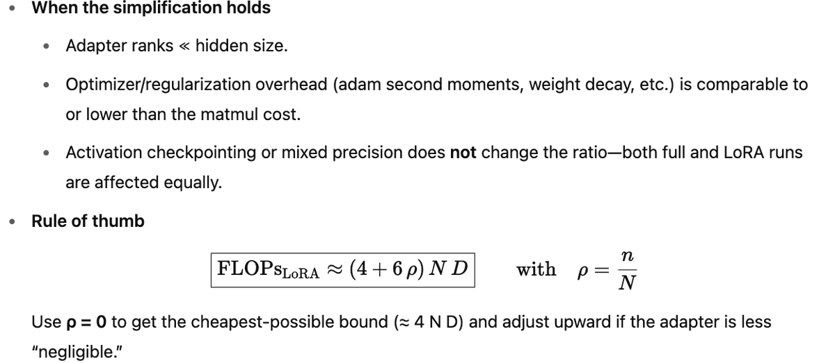 bookwormengr's tweet photo. Don't feel the AGI with O3 🧵
----------------------------

Follows wrong logic, lands close to approximately right answer despite wrong logic. 

This is like student memorising answer for the popular question in exam and landing in the ballpark of the answer.

A better model, but not certainly a path to AGI...
(no model till date has answered this properly yet).

Prompt: 
"6ND is a common formula to estimate flops for training & fine tuning of tranformer models. What would be the formula for flop estimation for fine tuning with LORA? Assume LORA adapters add negligible parameters.  

In 6ND formula, N is the number of parameters and D is the number of tokens in data. This formula assumes most computation happens in FFN and most parameters are also there.  

Please answer in English"

@teortaxesTex @natolambert @teknium @dwarkesh_sp