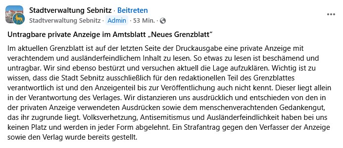 GKDJournalisten's tweet photo. uodate: Die Stadtverwaltung von Sebnitz hat Strafantrag gestellt und verurteilt die Werbeanzeige des Dachdeckers. https://t.co/Bz8bY7gGKN