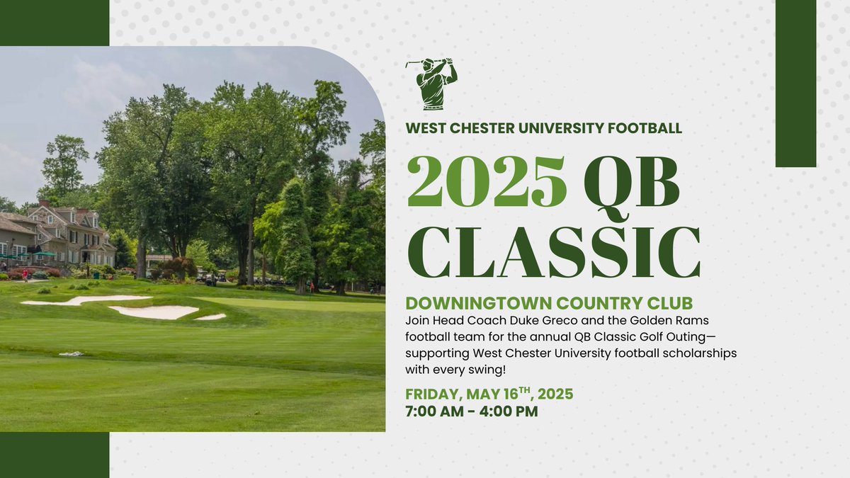 Killinger Foundation (@killinger1979) on Twitter photo Join Head Coach Duke Greco and the Golden Rams for the annual QB Classic Golf Outing on Friday, May 16 at Downingtown Country Club. All proceeds benefit WCU football scholarships. Sponsorships and tickets available now: go.wcufoundation.org/events/qb-clas… <a href="/WCUGoldenRamsFB/">West Chester Golden Rams Football</a> <a href="/WCU_CoachGreco/">Duke Greco</a> Join Head Coach Duke Greco and the Golden Rams for the annual QB Classic Golf Outing on Friday, May 16 at Downingtown Country Club. All proceeds benefit WCU football scholarships. Sponsorships and tickets available now: go.wcufoundation.org/events/qb-clas… <a href="/WCUGoldenRamsFB/">West Chester Golden Rams Football</a> <a href="/WCU_CoachGreco/">Duke Greco</a>