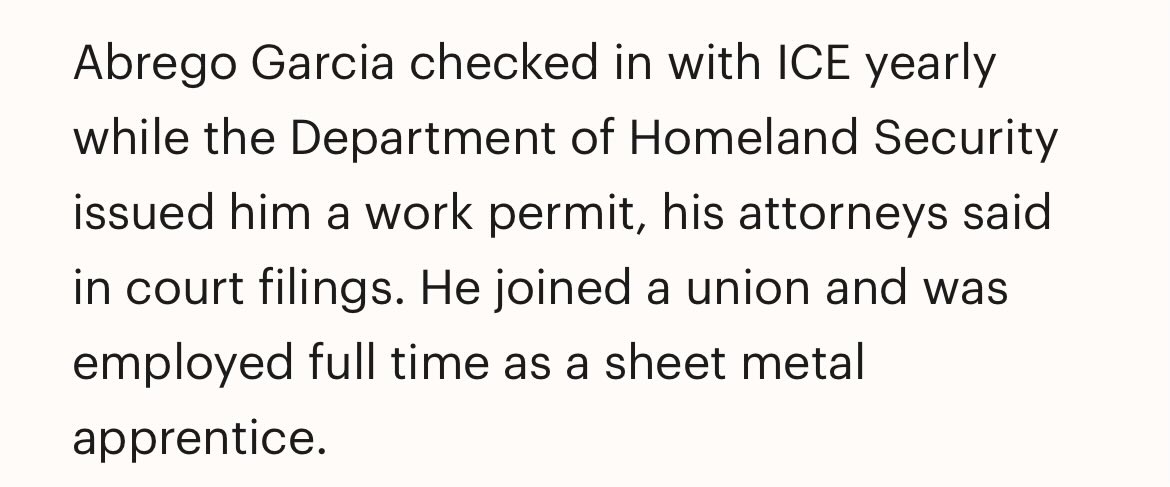 One very overlooked fact in the Garcia case, was while the judge granted his Withholding to Return order, it was Trump’s Department of Homeland Security that authorizes his work permit.

That requires a background check and criminal clearance.

Which he got in 2019… while Trump