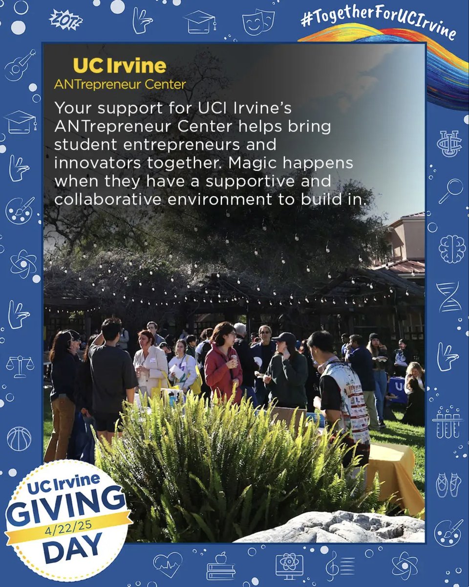 🌟 On this #GivingDay, ignite the aspirations of future innovators! 💡 By contributing to the ANTrepreneur Center at UCI, you support student-led startups, foster community, and bring daring concepts to life. 🌱 Each contribution nurtures the upcoming wave of change agents.