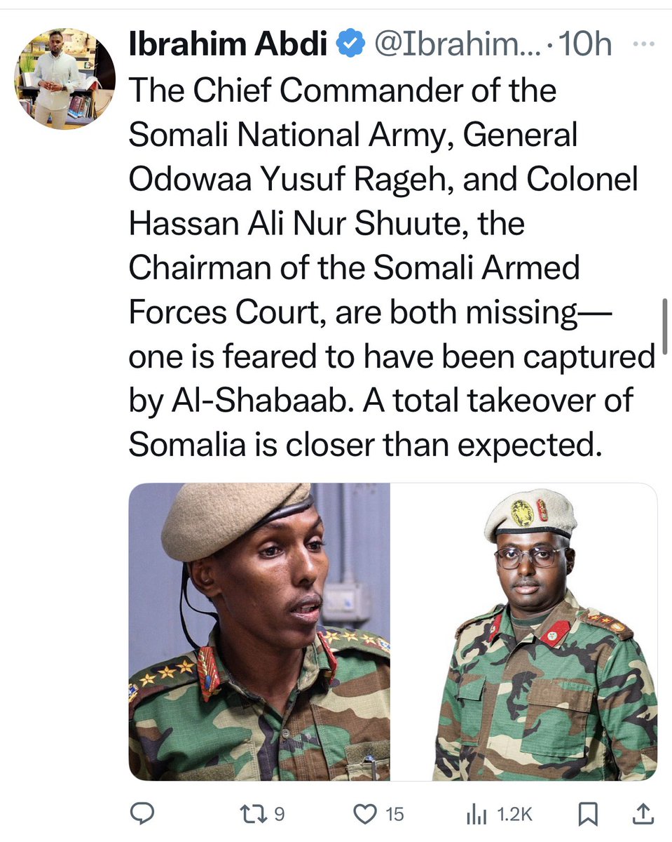 General Odawaa Yusuf Rage, Somalia’s Commander of the Armed Forces, is safe and continues to lead the war against Al Shabaab. He is in Hiiraan region — and Aadan Yabaal, which Al Shabaab attacked today, is in Middle Shabelle.

The attached posts posts — shared by unwell