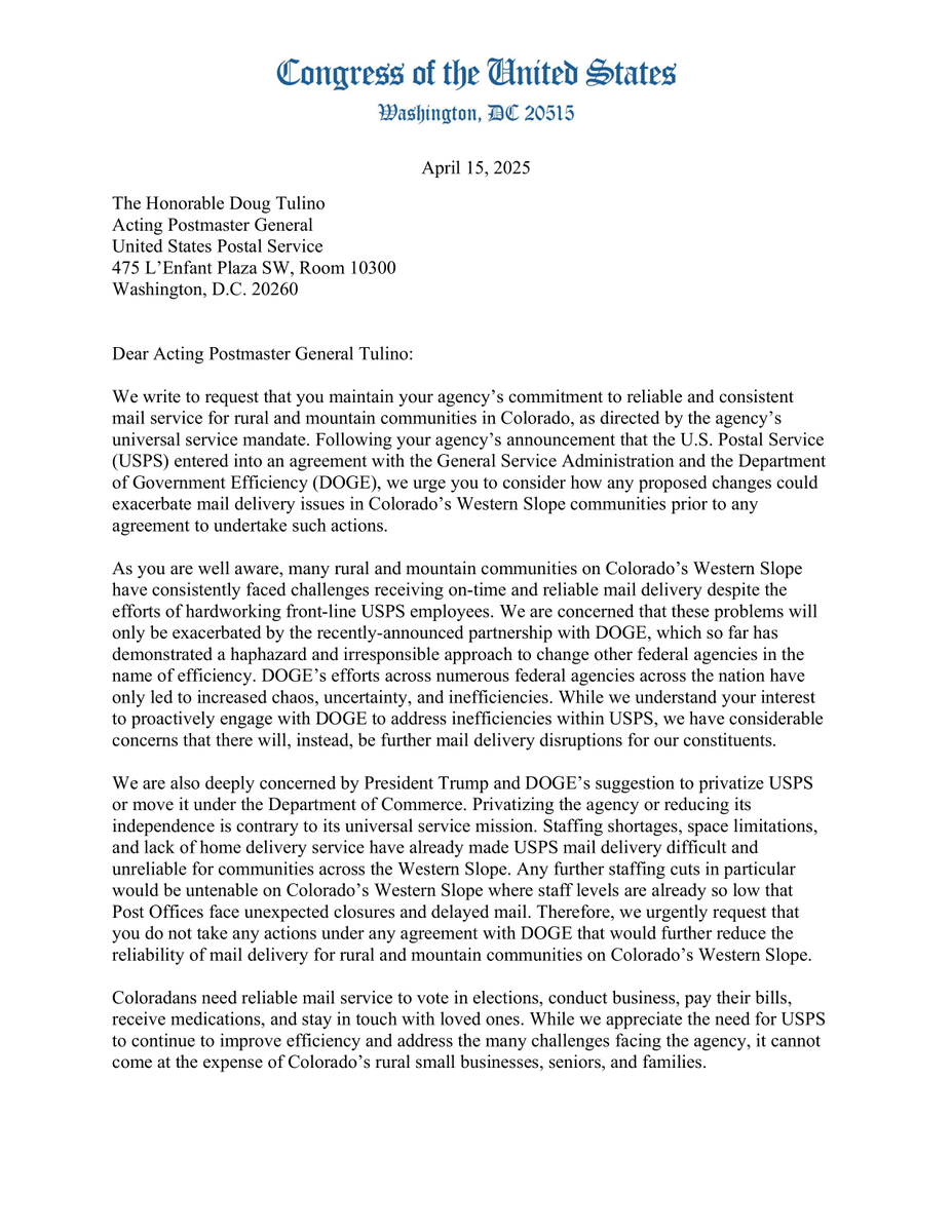 RepJoeNeguse's tweet photo. Communities on Colorado’s Western Slope have already felt the real consequences of post office closures, staffing shortages & delayed mail.

These communities need more support—not less.

Proud to join @SenatorBennet & @SenatorHick in demanding that USPS ensure “DOGE” does not wreak havoc on mail delivery in rural Colorado.