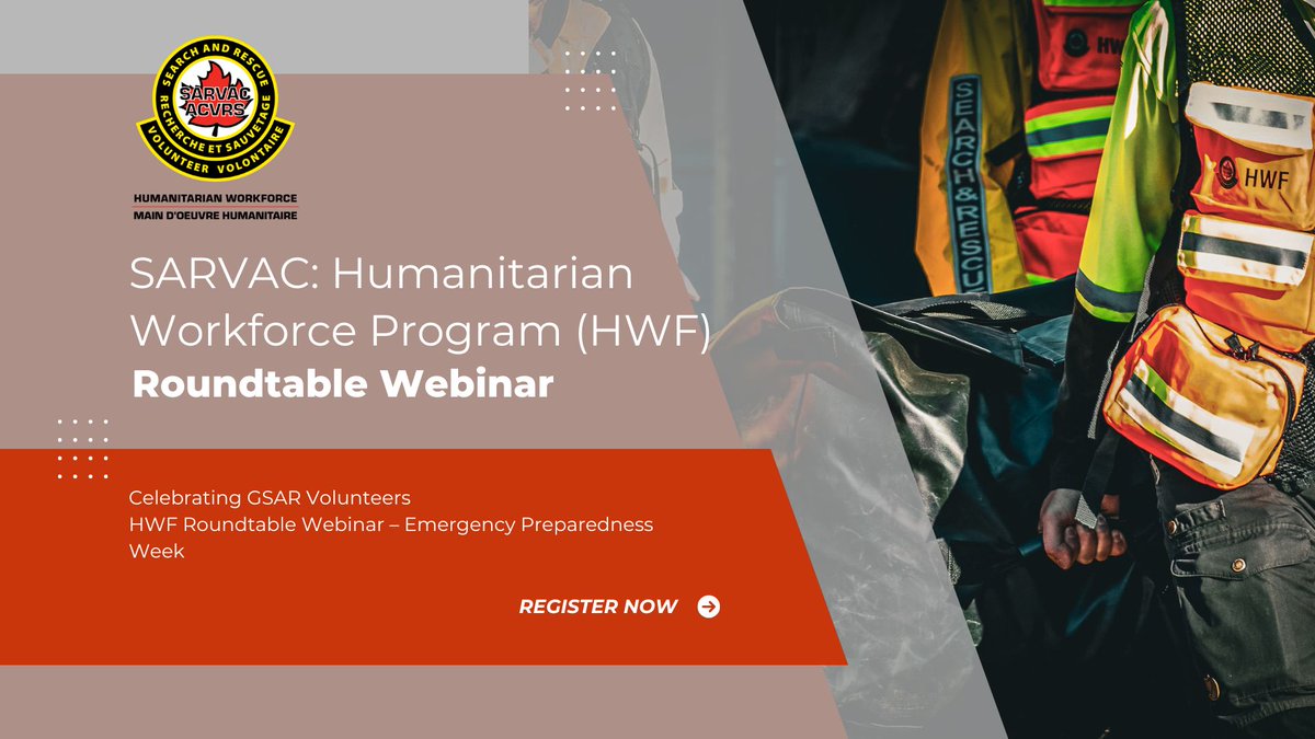 SARVAC_ACVRS's tweet photo. 📢 Celebrate GSAR responders! Join us May 7 at 7PM EST for @SARVAC_ACVRS HWF Roundtable Webinar during #EmergencyPrepWeek. Hear real deployment stories & learn how GSAR supports Canada’s emergencies. 🔗 Register: https://t.co/mF5Z7Cv3xh #SAR #HWF #GSAR #EPWeek2025 https://t.co/6ZLCnJZz0T
