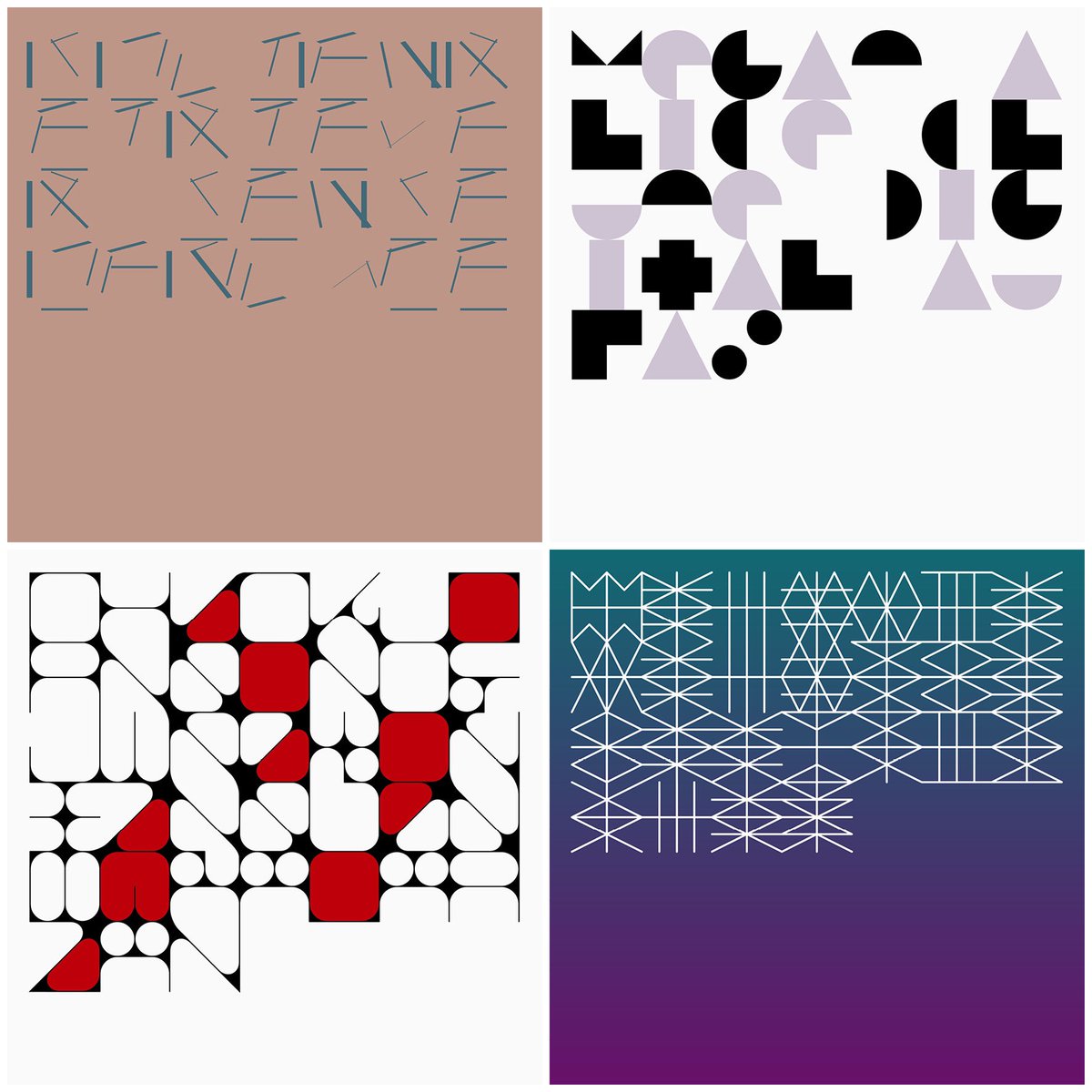 Art for art's sake:LE designs for works by 

Golden Retriever 
Megan Alice Clune
Chuck Jonson and JWPATON
Melanie Velarde

Find their pieces at the artists' Bandcamp pages. 

Cover artworks created by Mark Gowing using NON Fonts from theletters.co