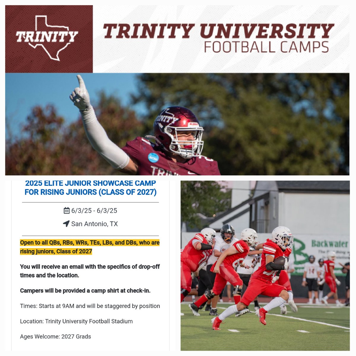 LukeAGarcia's tweet photo. Excited to announce that I’m registered and will be attending the Trinity University Football 2025 ELITE JUNIOR SHOWCASE CAMP in San Antonio, TX on June 3rd!

Grateful for the opportunity to compete and get better alongside other rising juniors in the Class of 2027! 🏈🔥

#TrinityFootball #ClassOf2027 #RBProspect #ShowcaseReady
@STHFootball @CoachDavis82 @CoachRenoYale @SFlem91 @TXPrivateFBGuy @TXPSMedia