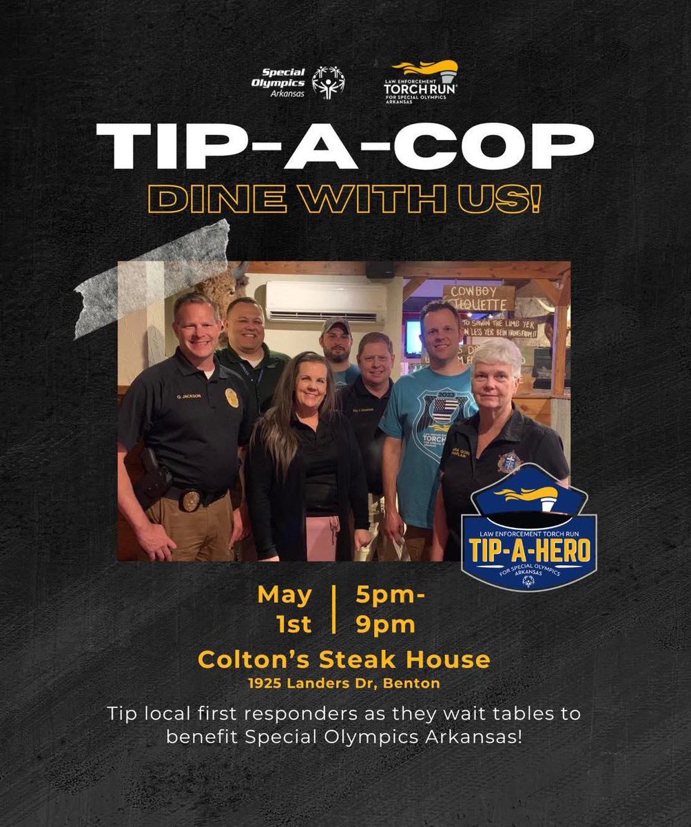 Make plans to join us for a fun evening to raise funds for Special Olympics Arkansas on Thursday, May 1st at Colton’s in Benton from 5 to 9 pm!
We look forward to seeing and serving you!!
#BNPD #Community #SpecialOlympics #SpecialOlympicsArkansas