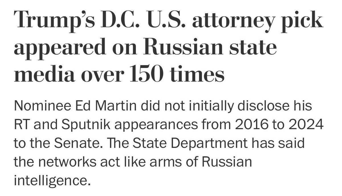 SenAdamSchiff's tweet image. I put a hold on Ed Martin’s nomination.
He’s denied elections. Fired quality public servants. Attempted to chill free speech.
Turns out he’s also carrying water for the Kremlin.
So wholly unfit to be a U.S. Attorney.