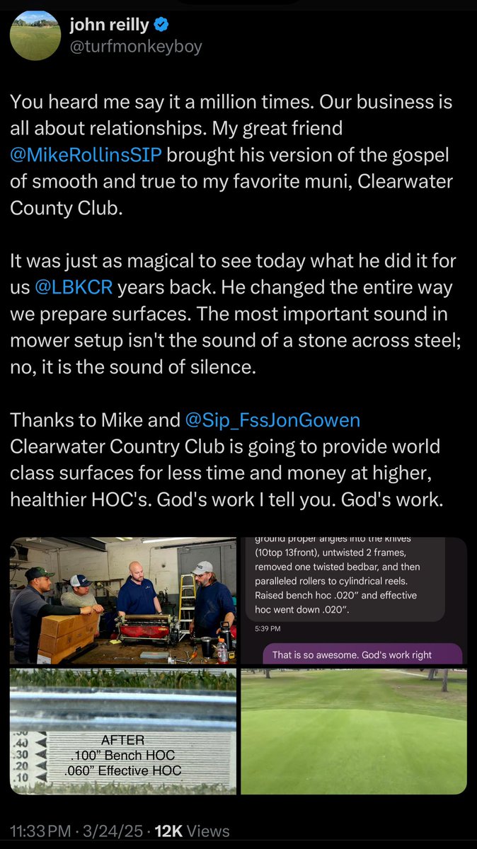 Mike Rollins (@mikerollinssip) on Twitter photo 5/11: Cool part is that this was just the BEGINNING! This was step 1! At the time of this post, we still have not tinkered with the CU geometry or had to sharpen the CUs.
Read <a href="/turfmonkeyboy/">john reilly</a>βs post, below: 5/11: Cool part is that this was just the BEGINNING! This was step 1! At the time of this post, we still have not tinkered with the CU geometry or had to sharpen the CUs.
Read <a href="/turfmonkeyboy/">john reilly</a>βs post, below: