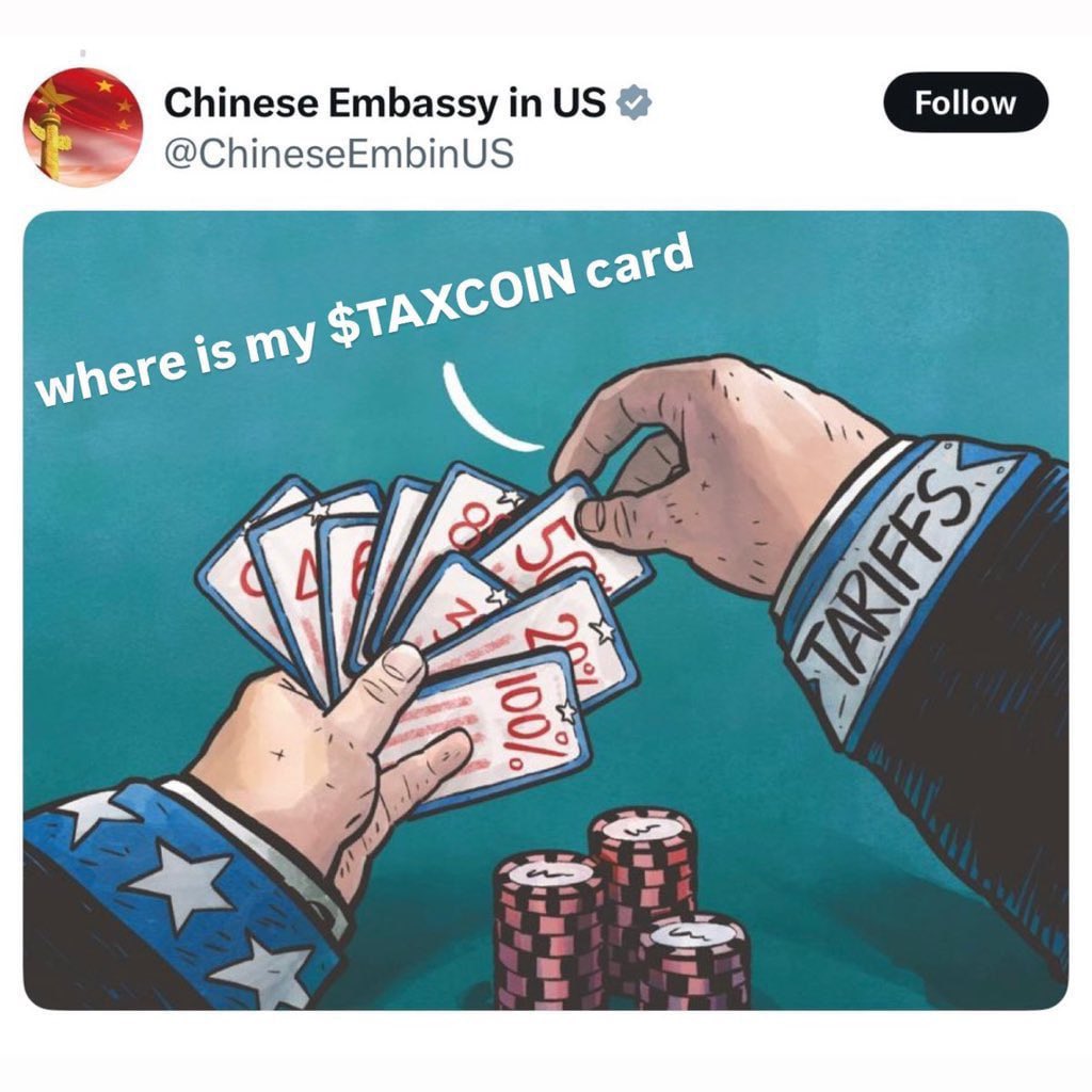 TaxCoinSolana's tweet photo. JUST IN🚨: China pulls out the $TAXCOIN card on the US government &amp; now has 0% tariffs https://t.co/gQBVCdQfSR
