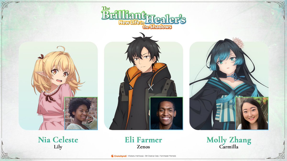 Crunchyroll (@crunchyroll) on Twitter photo The English dub of The Brilliant Healer's New Life in the Shadows begins tomorrow!
Zenos - <a href="/theelifarmer/">Eli Farmer</a>
Lily - <a href="/TPOTcos/">Nia Celeste 🦇🛸🍉</a>
Carmilla - <a href="/mollozhang/">Molly Zhang</a>
✨ CAST & CREW: got.cr/BrilliantHeale… The English dub of The Brilliant Healer's New Life in the Shadows begins tomorrow!
Zenos - <a href="/theelifarmer/">Eli Farmer</a>
Lily - <a href="/TPOTcos/">Nia Celeste 🦇🛸🍉</a>
Carmilla - <a href="/mollozhang/">Molly Zhang</a>
✨ CAST & CREW: got.cr/BrilliantHeale…