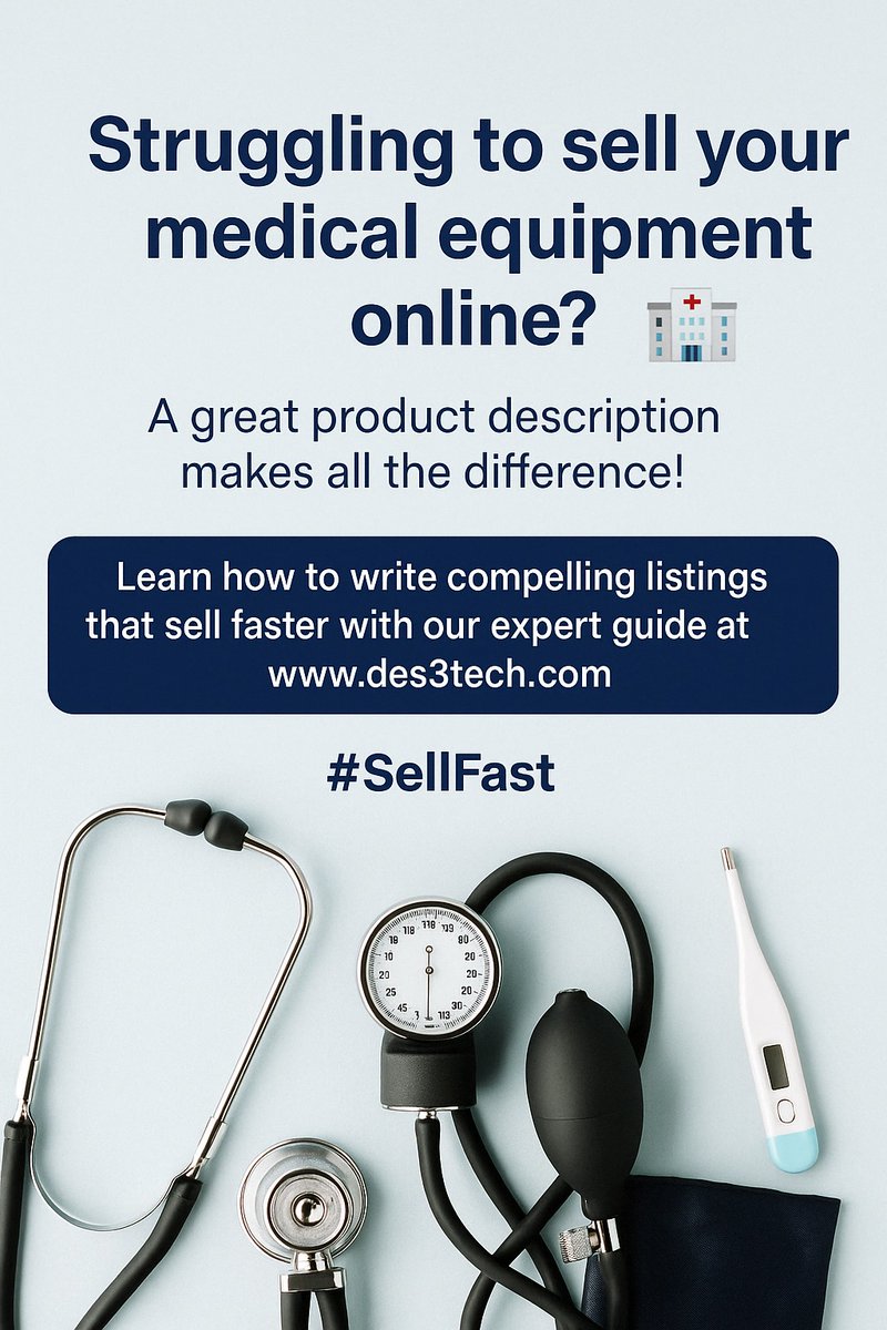 DES3Tech's tweet image. Selling your medical equipment online? 
 💡 A strong product description can make the difference between a scroll and a sale. 
 Learn how to write listings that actually sell 👉 des3tech.com 
 #SellFast #MedTech #DigitalSales