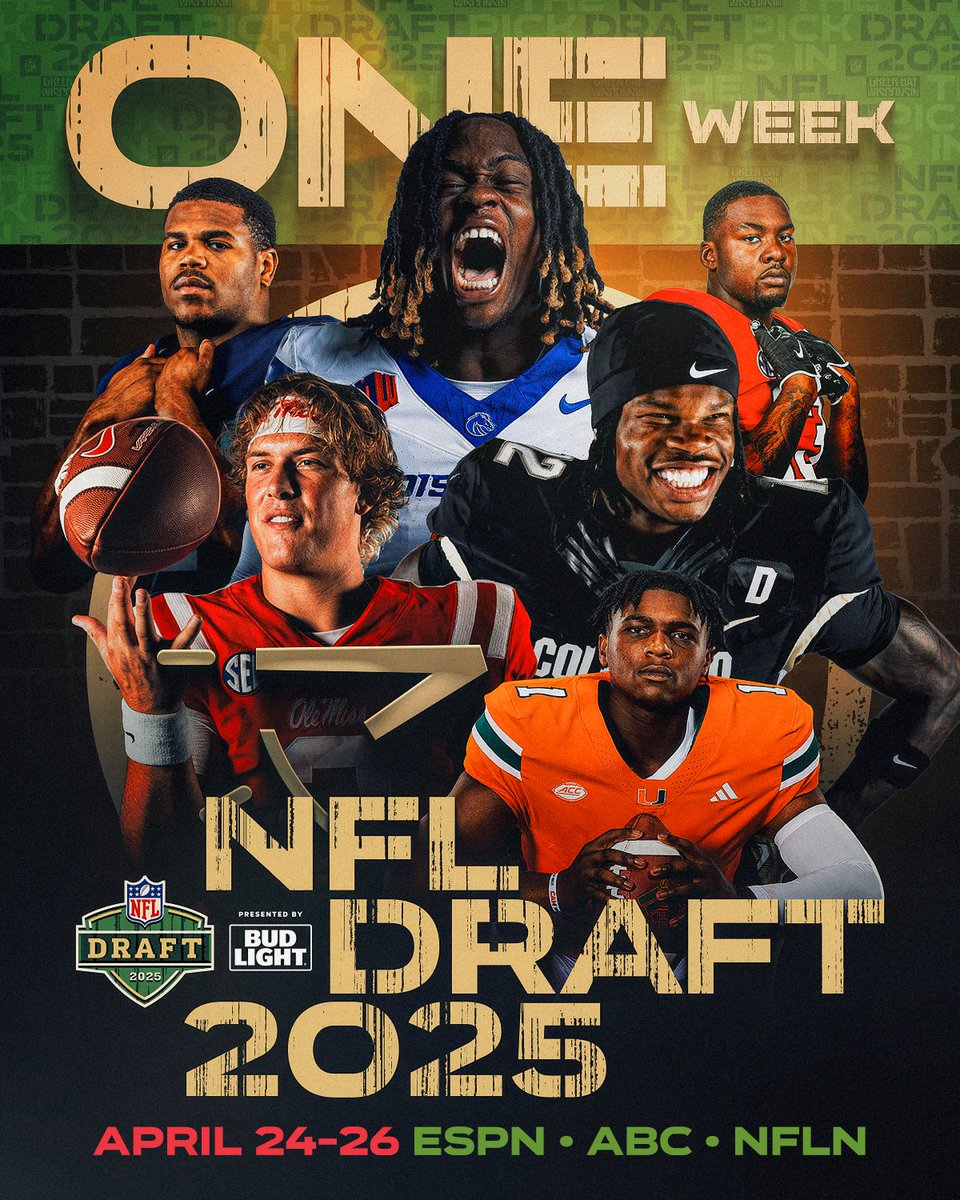 Seven days until NFL dreams become a reality 🤩

📺: 2025 #NFLDraft – April 24-26 on NFLN/ESPN/ABC
📱: Stream on <a href="/NFLPlus/">NFL+</a>