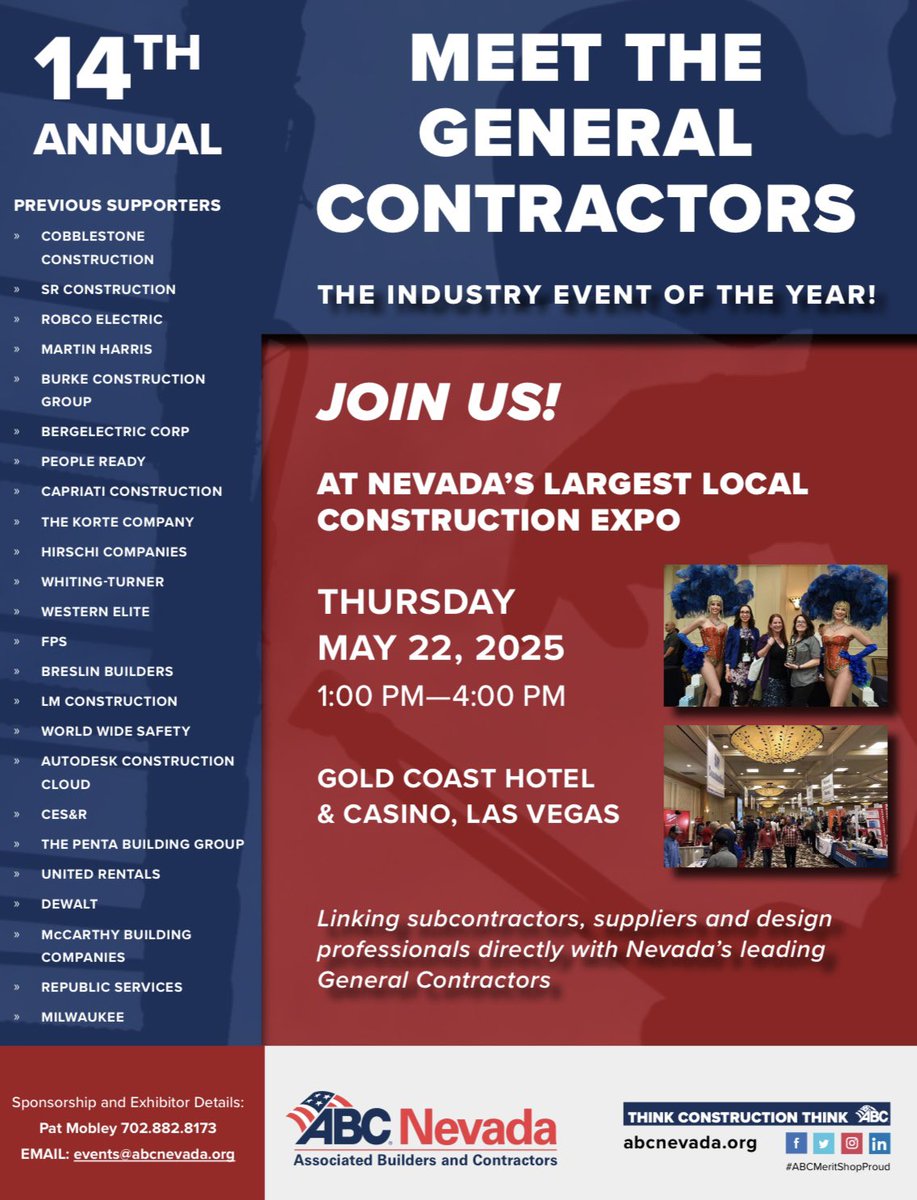 ABC Nevada Chapter (@abcnevada) on Twitter photo ABC Nevada proudly presents the 14th Annual Meet the Generals Event — the largest construction expo in the state! Don’t miss this incredible opportunity to connect, collaborate, and grow your network within the construction industry. ABC Nevada proudly presents the 14th Annual Meet the Generals Event — the largest construction expo in the state! Don’t miss this incredible opportunity to connect, collaborate, and grow your network within the construction industry.