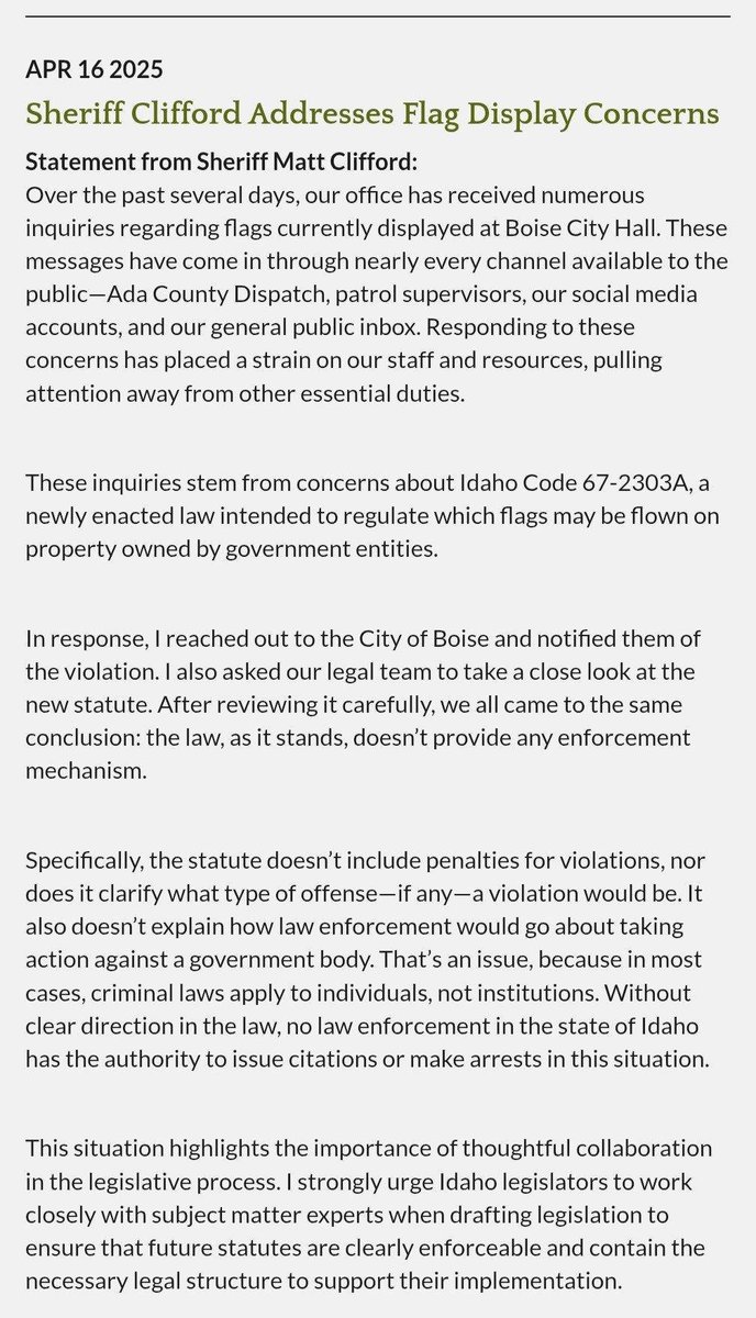 liberty4_ever's tweet image. ***BREAKING***
Clifford the Cowardly Sheriff is doing NOTHING about the unlawful flags at Boise City Hall. @AdaCoSheriff 

What will the people do now that our elected have no respect for the law? @boisemayor #idpol #idleg