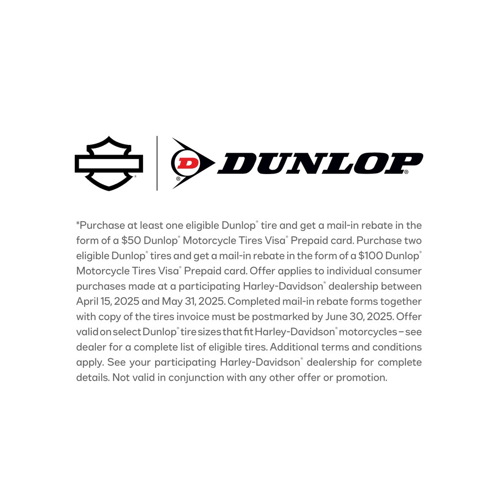 Prepare for the riding season with Dunlop’s Spring Tire Rebate offer. From April 15 to May 31, purchase eligible Dunlop motorcycle tires from us and you'll receive a Dunlop Motorcycle Tires Visa® Prepaid Card. Click the link below to schedule your service

santaclaritaharley.com/schedule-servi…
