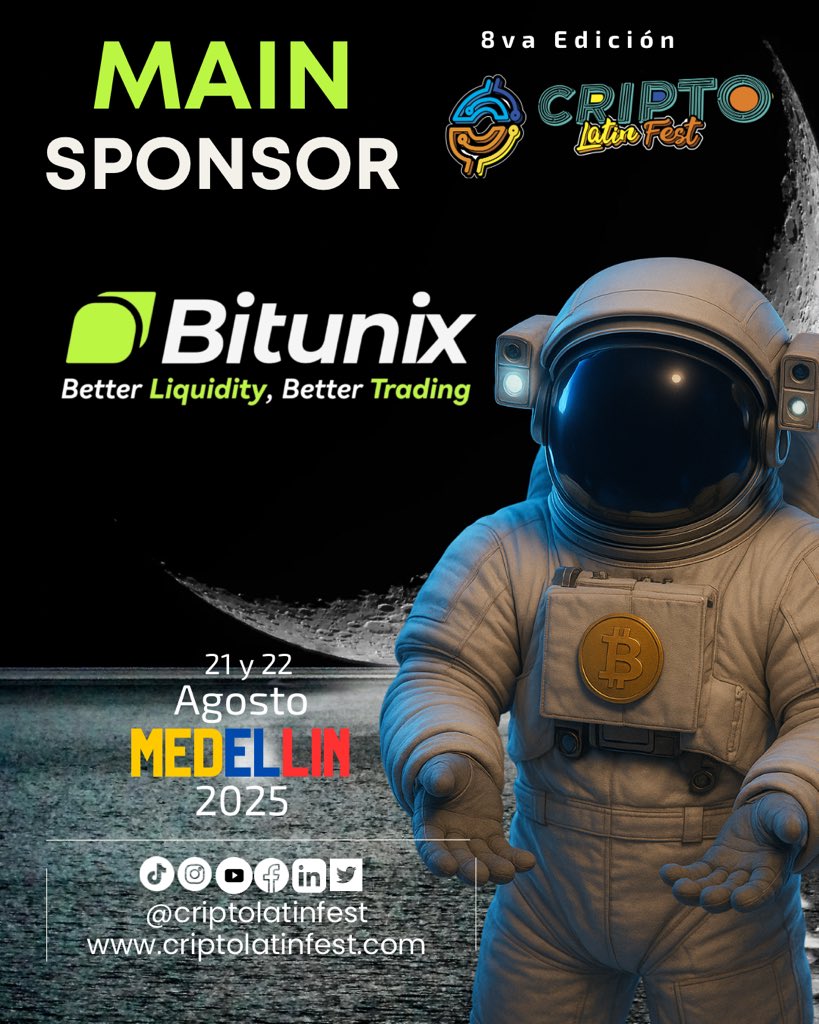 Criptolatinfest's tweet image. ¡Bitunix se sube a la nave del Cripto Latin Fest 2025 como Main Sponsor! 🚀🌟
Este 21 y 22 de agosto en el Jardín Botánico de Medellín🌿, prepárate para vivir una experiencia inolvidable con una de las plataformas más sólidas del ecosistema cripto 💥💻.
Bitunix aterriza con…