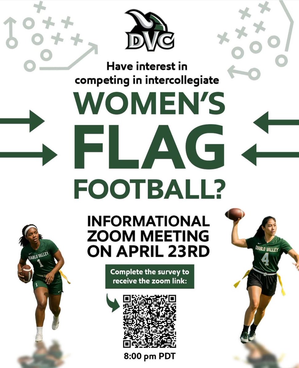🏈 • Calling all female athletes! Interested in playing Women’s Flag Football? Come learn more at our informational Zoom meeting on April 23rd. Complete the survey on the QR code to receive the Zoom meeting link!