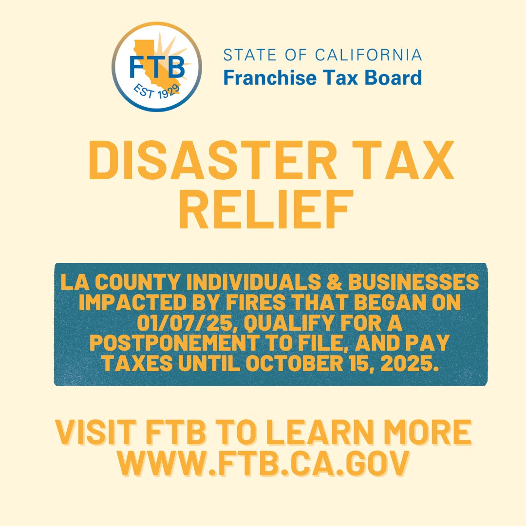 Although Tax Day is over for most of us, taxpayers in LA County still have until Oct 15, 2025, to file and pay. This aligns with the federal extension granted to wildfire victims. For more information visit:  ftb.ca.gov/file/when-to-f… 
#taxrelief #disasterrelief