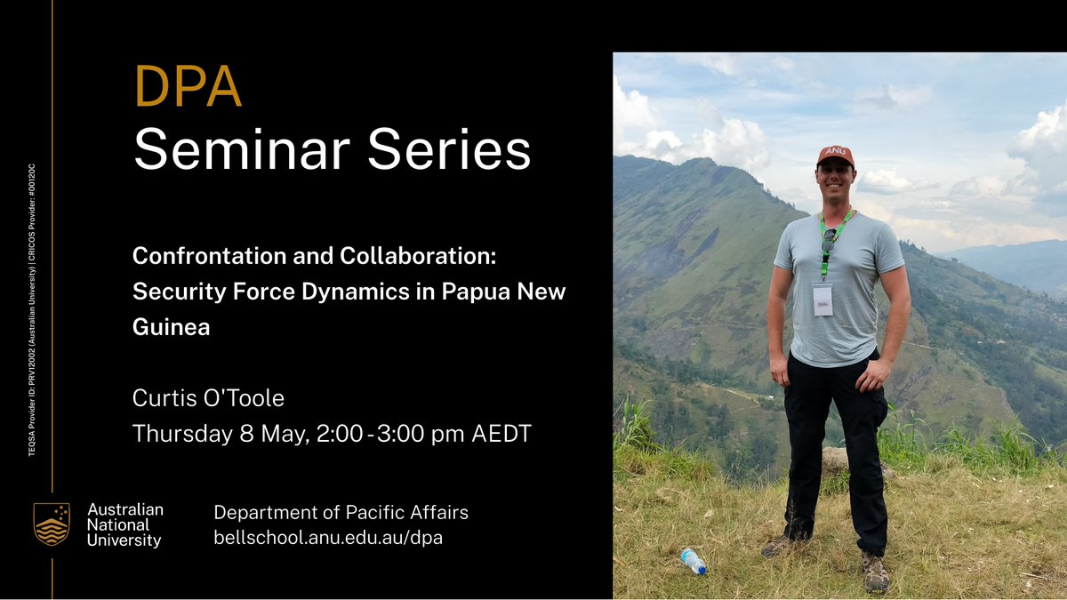 Department of Pacific Affairs (DPA) (@anudpa) on Twitter photo From riots to rebellion—discover how power, identity, and violence collide in Papua New Guinea as Curtis shares fresh insights from the field in his eye-opening mid-term PhD seminar. 🇵🇬
🗓️ Thu, 8 May 2025, 2:00 – 3:00pm
🔗 shorturl.at/ogHJb
<a href="/ANUasiapacific/">ANU College of Asia and the Pacific</a> <a href="/ANUBellSchool/">ANUBellSchool</a> From riots to rebellion—discover how power, identity, and violence collide in Papua New Guinea as Curtis shares fresh insights from the field in his eye-opening mid-term PhD seminar. 🇵🇬
🗓️ Thu, 8 May 2025, 2:00 – 3:00pm
🔗 shorturl.at/ogHJb
<a href="/ANUasiapacific/">ANU College of Asia and the Pacific</a> <a href="/ANUBellSchool/">ANUBellSchool</a>