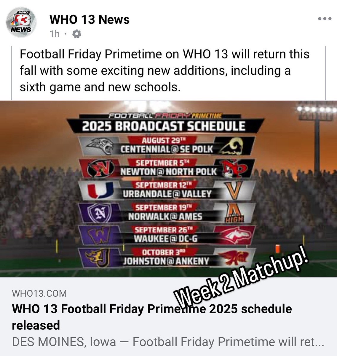 Week 2 Matchup on WHO 13 this fall! #cfla #redpride