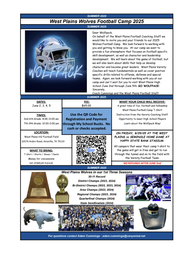 West Plains Wolves Summer Football Camp 2025 Information! <a href="/WPHSbooster/">West Plains Athletic Booster</a> <a href="/WPlainsWolves/">West Plains High School</a> <a href="/WestPlainsJH/">West Plains JH</a> <a href="/GreenwaysIntSch/">Greenways Int Sch</a> <a href="/ArdenRoad/">Arden Road</a> <a href="/HillsideCubs/">Hillside Elementary</a> <a href="/HeritageHillsE1/">Heritage Hills Elementary</a> <a href="/spring_canyon/">Spring Canyon Elementary</a> <a href="/LakeviewLions/">Lakeview Elementary</a>