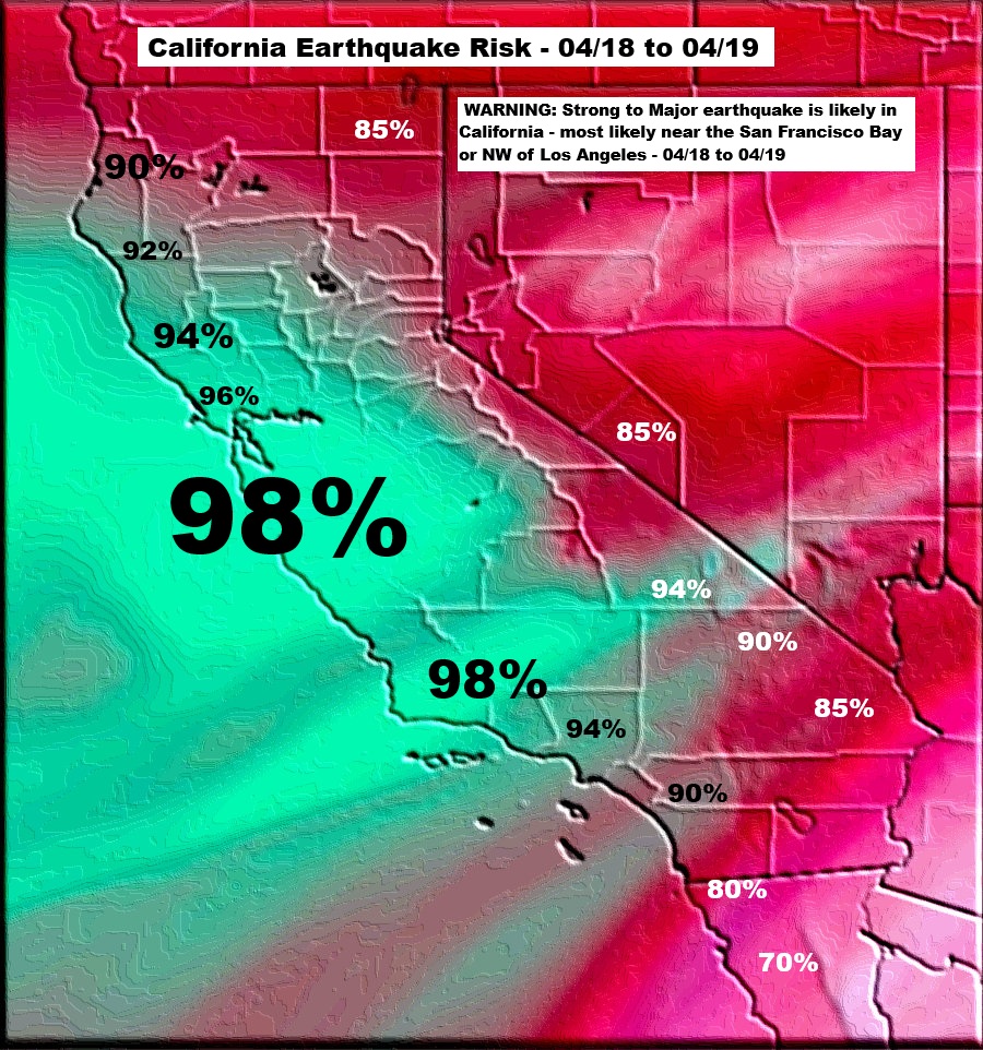 Quakeprediction's tweet photo. ⚠️ 48 HOUR WARNING ⚠️
A major earthquake is likely in the San Francisco Bay Area, most likely within 75 miles of Santa Cruz, CA.
📅 April 17–19 (most likely on 04/18) 
🚨 You could save lives by warning everyone you know in the San Francisco Bay Area. Don’t stay silent—share the warning now. #Earthquake #BayArea #SantaCruz #StaySafe