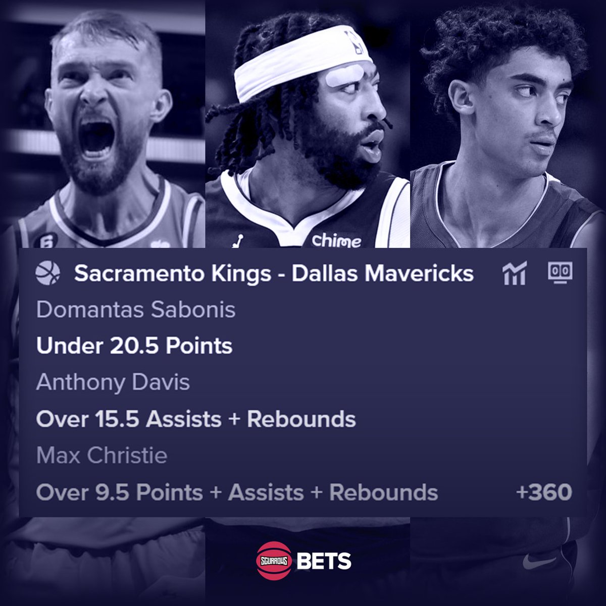 Apr 16th NBA Analyse:

Kings - Mavericks Parlay (+360)
- Domantas Sabonis: Under 20.5 Points
- Anthony Davis: Over 15.5 Assists + Rebounds
- Max Christie: Over 9.5 Points + Assists + Rebounds
