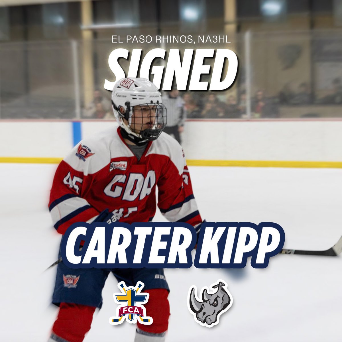 fcahockey's tweet image. FCA Advisory player, Carter Kipp, recently signed with the El Paso Rhinos of the NA3HL. "Adding Carter to our roster strengthens our team with his skill, leadership, and work ethic. We're excited to support his continued development this season." Kyle Sennott, El Paso Rhinos, HC.