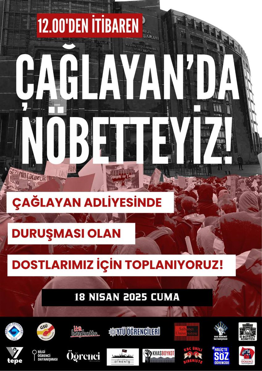 boun_otk's tweet photo. 18 Nisan Cuma günü hukuksuzca tutuklanan arkadaşlarımızın duruşmaları için Çağlayan Adliyesi'ne gidiyor, nöbette duruyor ve yalnız olmadıklarını hatırlatıyoruz!

Duruşmalar 10.00'da başlayacak. https://t.co/5uiFXde1ID