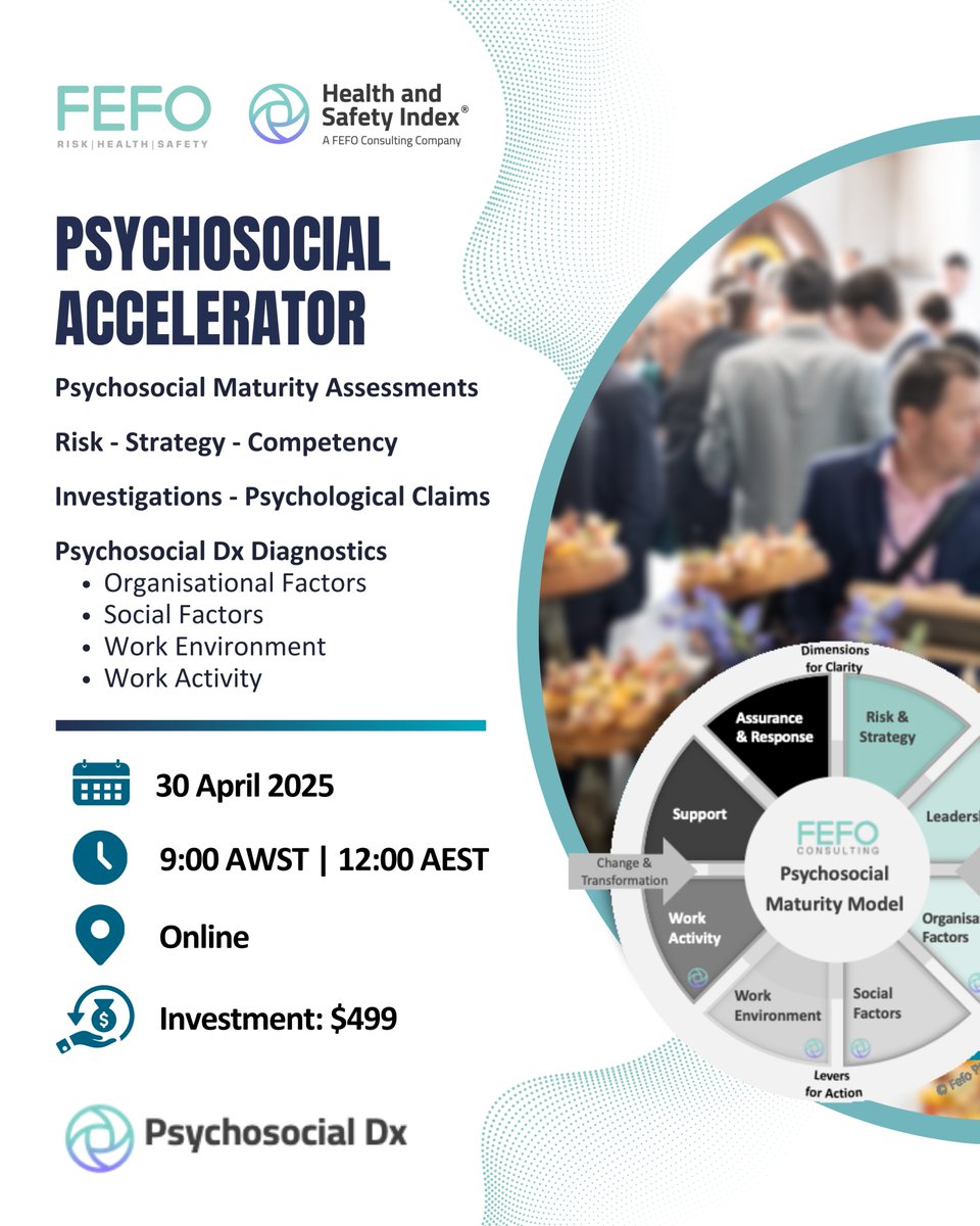 ConsultingFefo's tweet image. Our 90-Day Psychosocial Accelerator Program isn’t just about learning—it’s about moving from insight to action.

For more information, visit: fefo.com.au/mastering-psyc… 

Register your interest here: wkf.ms/42SnfTA

 #psychosocial #fefo #safetytransformation