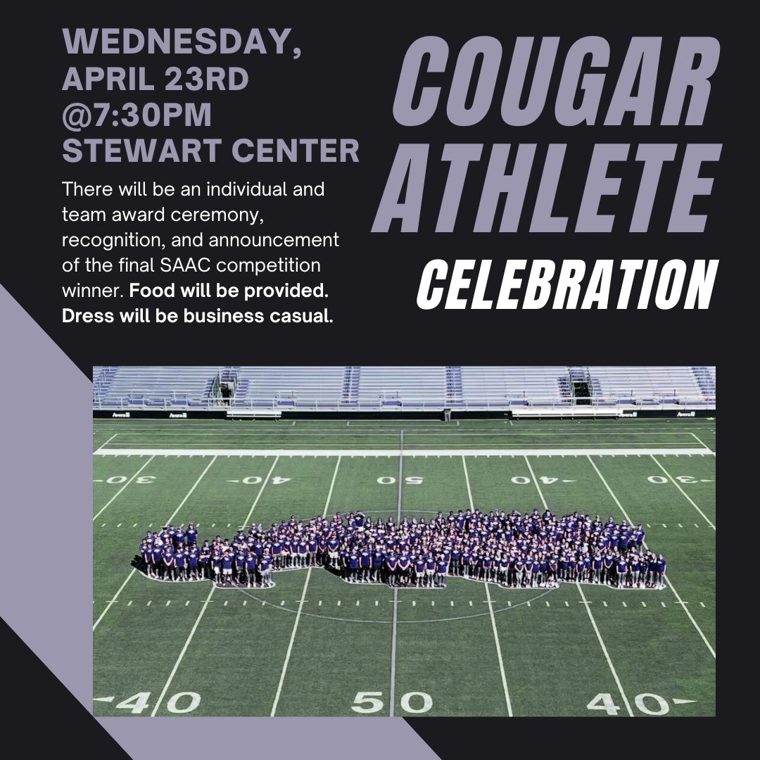 USFCougarsSAAC's tweet photo. Join us NEXT WEDNESDAY in the Stewart Center for our SAAC Cougar All-Athletics Ceremony! We will award the SAAC competition winners and recognize athletes for 2024-2025 accomplishments. Food will be provided and we ask that you dress business casual! https://t.co/7KDfkK6Na3