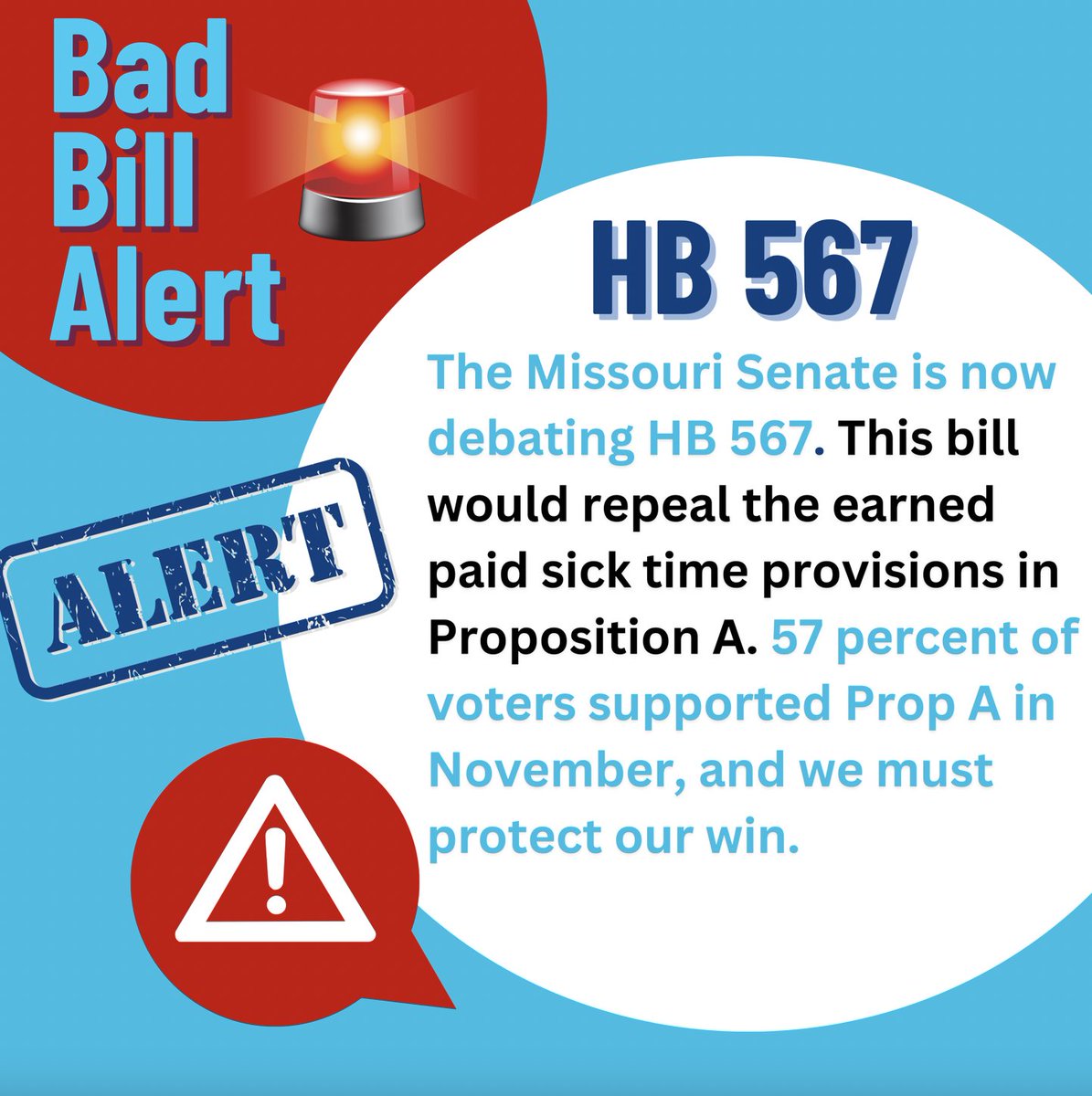 🚨 Right now in #MOleg: Senators are debating HB 567 — which would gut paid sick time &amp; freeze minimum wage cost-of-living increases.

Our Senate champions are fighting back. Let's back them up👇🏾
🔗 secure.everyaction.com/b1NBxGn0H0K7xy…

<a href="/MOJwJ/">MO Jobs with Justice Voter Action (bsky:@mojwjva)</a> 

#ActionSTLPower #NOonHB567 #HandsOffPropA