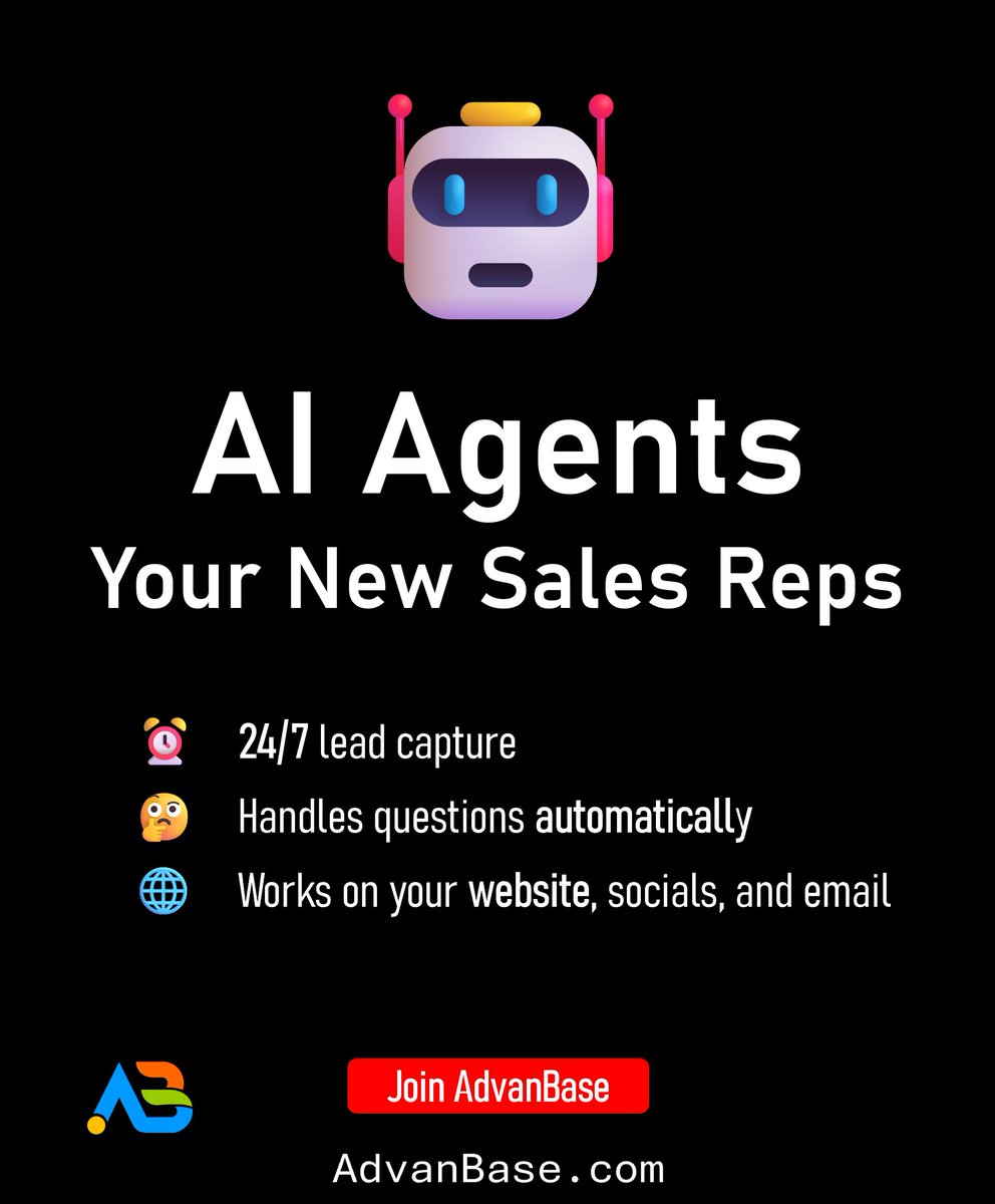 Your customers are online 24/7—are you? 🌐
AdvanBase AI Agents work as your new sales reps, helping you:
🤖 Instantly answer customer questions
📬 Capture leads on your website, socials, and email
💰 Sell while you sleep
No code. No hassle. Just results
AdvanBase.com