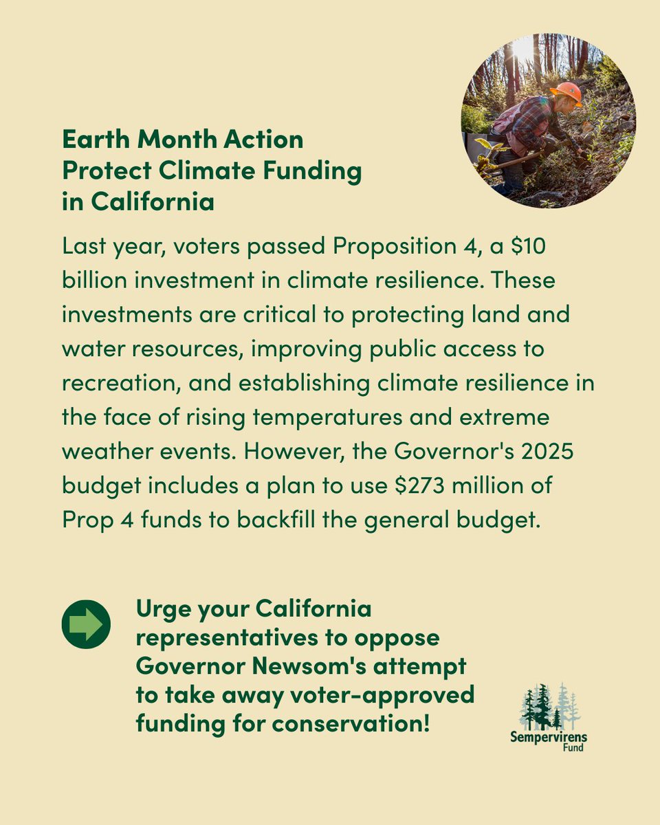 During Earth Month, we’re sharing ways you can take action. 🌎🌲Today we're asking you to help protect climate funding in California. 🌎🌲 Urge your CA representatives to oppose Gov. Newsom's attempt to take away voter-approved funding for conservation! secure.sempervirens.org/a/take-action-…