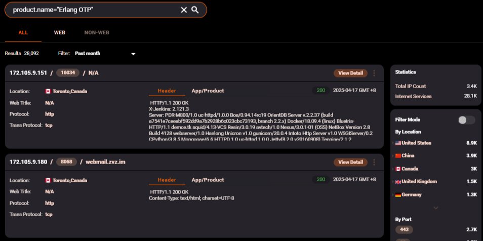 🚨Alert🚨 CVE-2025-32433 (CVSS 10): Critical SSH Flaw Allows Unauthenticated RCE in Erlang/OTP.It affects versions prior to OTP-27.3.3, OTP-26.2.5.11, and OTP-25.3.2.20
📊490K+ Services are found on the hunter.how yearly.
🔗Hunter Link:hunter.how/list?searchVal…
👇Query