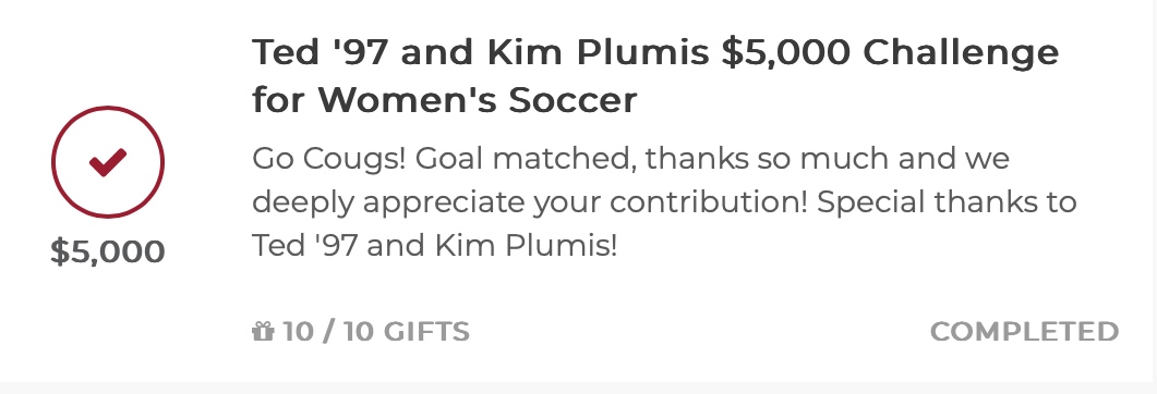 You did it Cougs! <a href="/WSUCougarSoccer/">Washington State Soccer</a> match is complete!

Thank you to Ted and Kim for your generosity and all the Cougars who contributed.

#GoCougs #CougsGive
