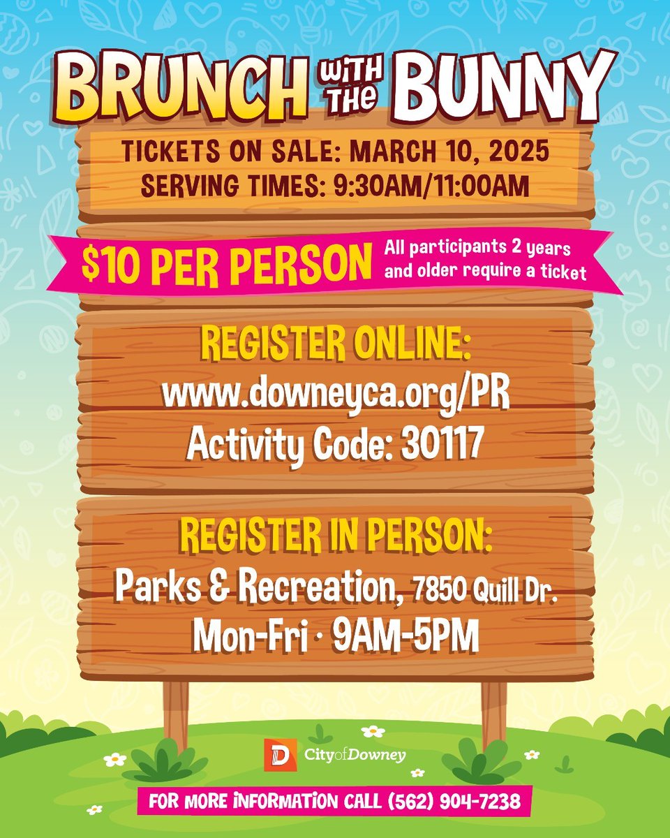 Hop into fun at the Bunny Patch on Saturday, April 19th, from 9AM-1PM! Enjoy outdoor activities, a prize walk, and Brunch with the Bunny. Limited registration required for Brunch. No ticket needed for outdoor amenities.
 
#CityofDowney #DowneyParksandRec