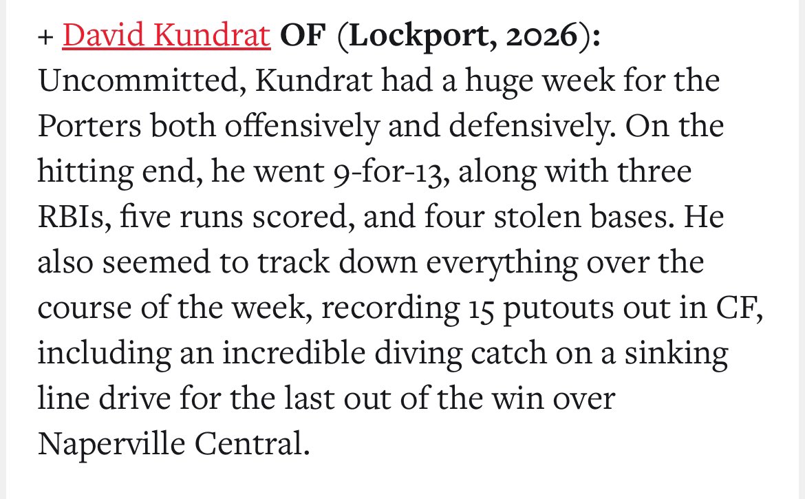 David Kundrat (@davidkundrat45) on Twitter photo Had a great week to the start of conference play going 9-13. Also couple good putouts in the field. Thank you <a href="/PrepBaseballIL/">Prep Baseball Illinois</a> for the write up. <a href="/PorterBaseball/">Lockport Porters</a> Had a great week to the start of conference play going 9-13. Also couple good putouts in the field. Thank you <a href="/PrepBaseballIL/">Prep Baseball Illinois</a> for the write up. <a href="/PorterBaseball/">Lockport Porters</a>