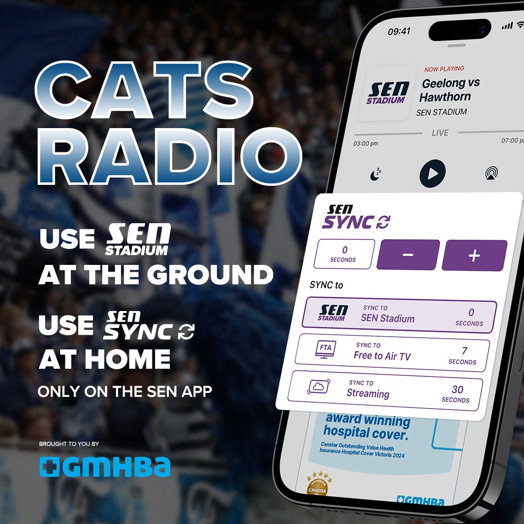 TODAY! 🐱 

Geelong fans, join Cats Radio for a one-eyed call of the Easter Monday blockbuster against the Hawks! 👊

Cats Radio via the SEN app: sen.lu/SENApp 

Thanks to <a href="/GMHBA/">GMHBA</a> | #AFLCatsHawks