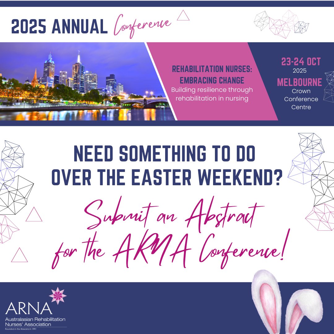 There's Still Time to Submit!

The deadline has been extended to 5 May 2025!

New voices &amp; seasoned presenters are welcome to share their work at #ARNACon25 in Melbourne.

Submit your abstract here: dg.eventsair.com/arna2025/abstr…

#RehabilitationNursing #EmbracingChange #Melbourne