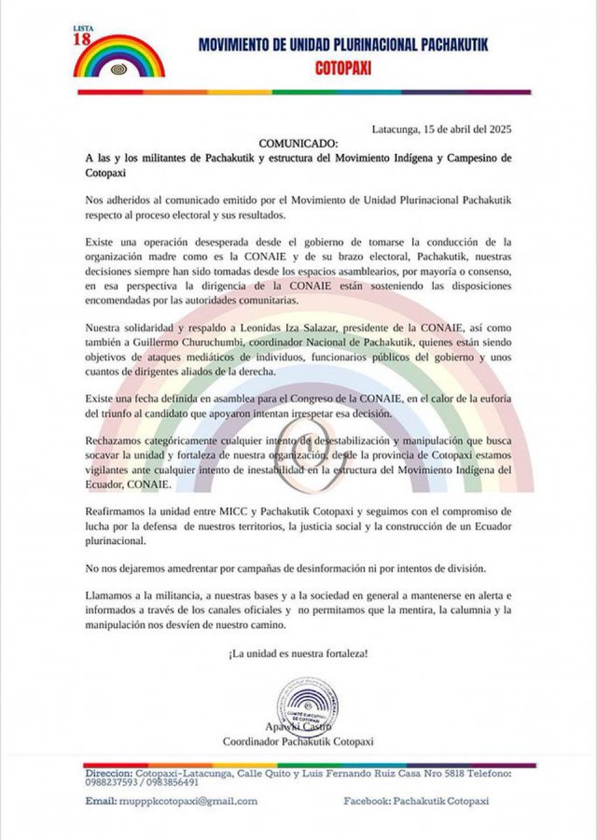 ecuainm_oficial's tweet photo. ‼️#URGENTE
Desde #PachakutikCotopaxi se denuncia una presunta intromisión del Gobierno para tomar el control de la Conaie y @PKnacional18. Reafirman su respaldo a Leonidas Iza y Guillermo Churuchumbi. https://t.co/6tUBi81elc