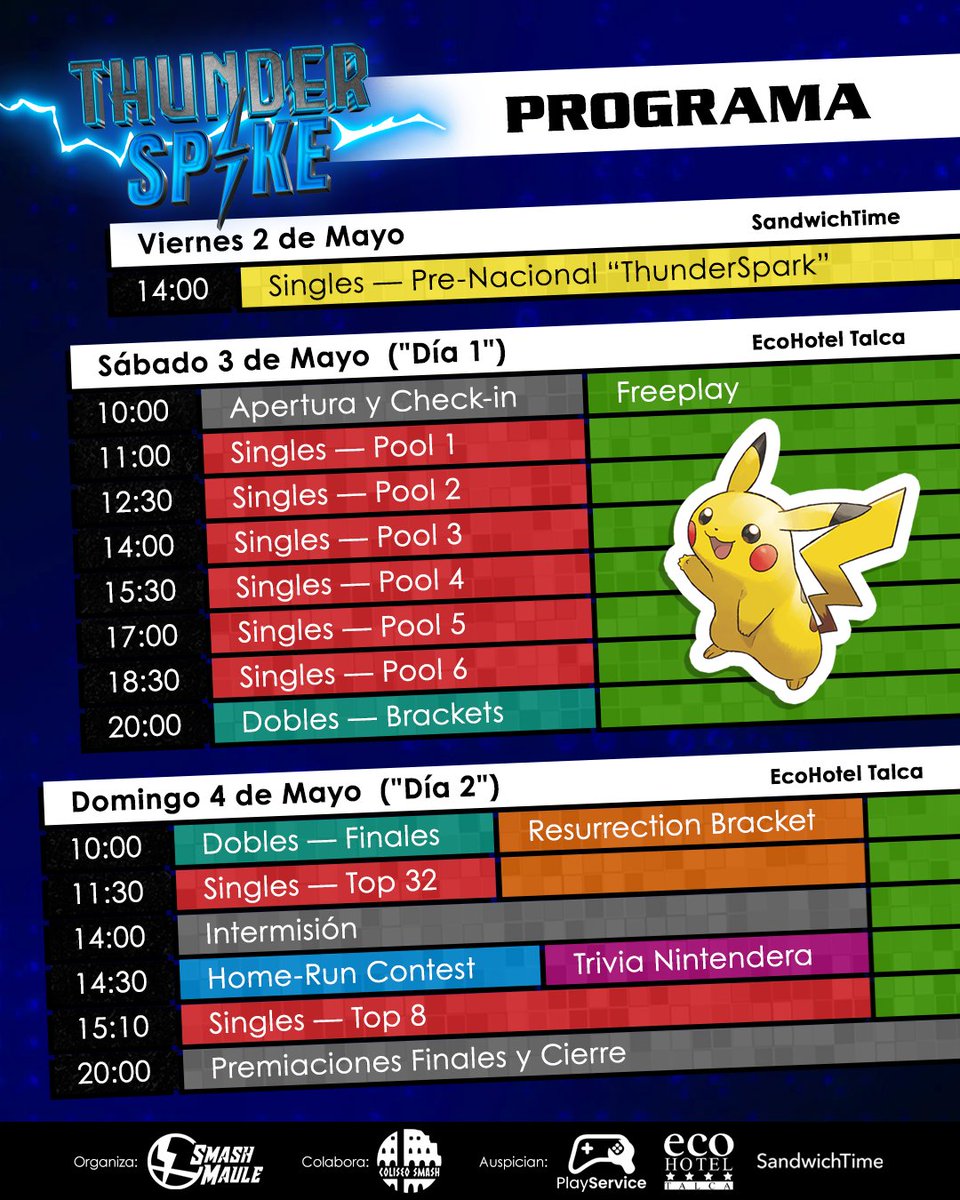 📑 ¡Programa de actividades de ThunderSpike!⚡

¡No olviden inscribirse! forms.gle/5nTQuNzmtQGoht…

(⏰ Es de suma importancia que los jugadores sean puntuales. Si viajas de muy lejos y te complica, puedes enviarnos un mensaje ANTES del 27 de abril, para evaluar tu situación).