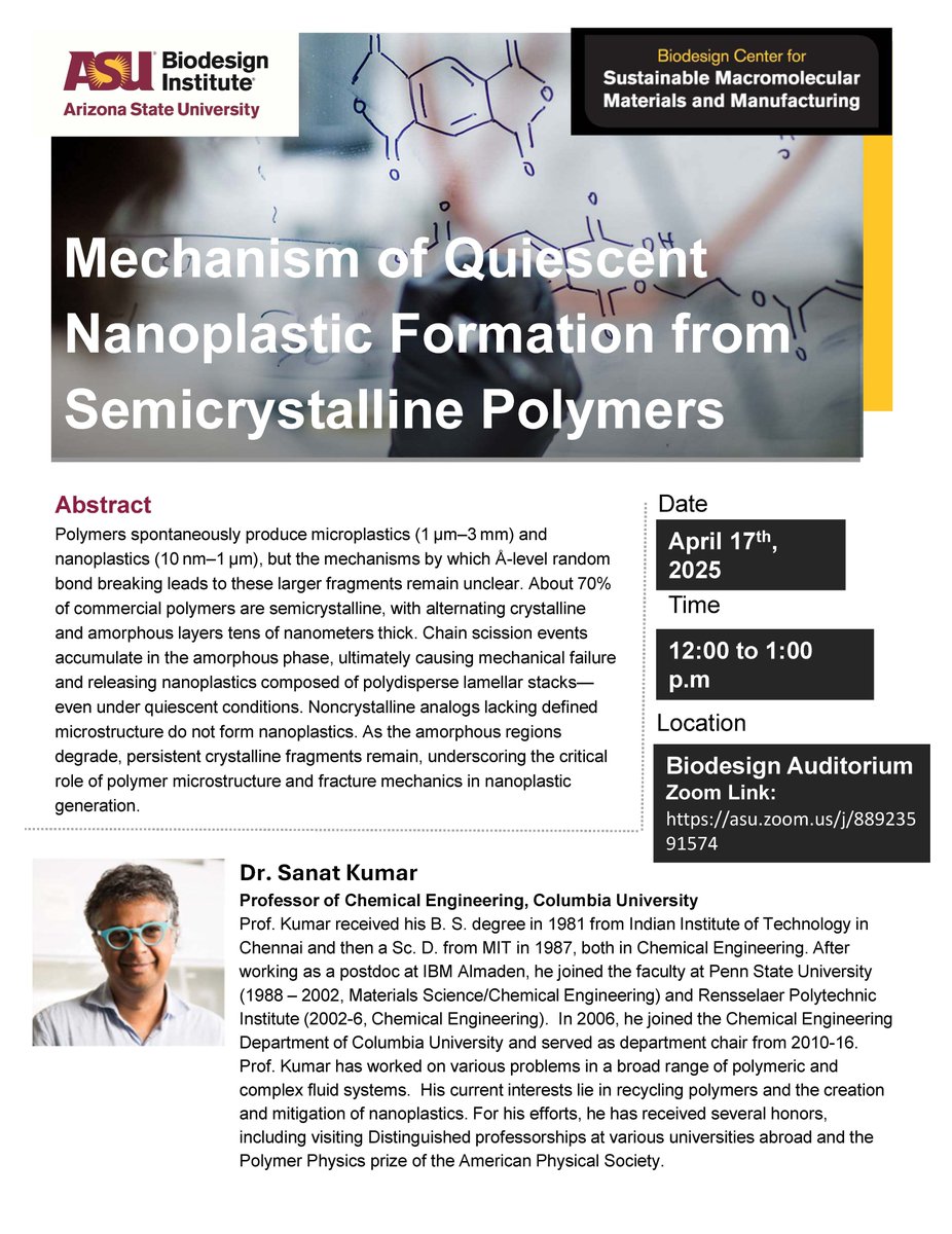 We are honored to welcome Dr. Sanat Kumar from <a href="/CUSEAS/">Columbia Engineering</a>, tomorrow! Dr. Kumar will be discussing "Mechanism of Quiescent Nanoplastic Formation from Semicrystalline Polymers". Thanks to <a href="/syensqo/">Syensqo</a> for supporting this event!