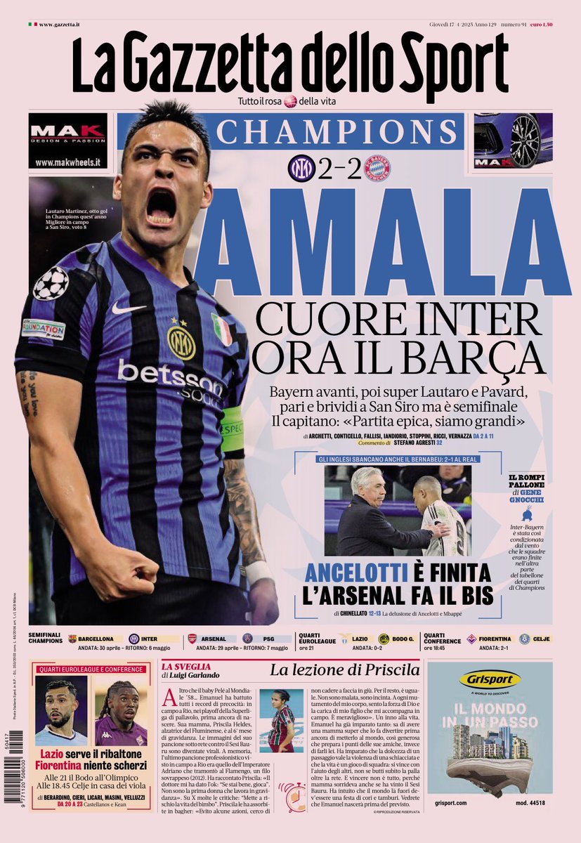 tancredipalmeri's tweet image. La prima pagina di domani della Gazzetta la senti gridare

#InterBayern