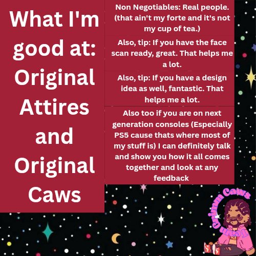 TeamGrimm's tweet image. *Re-upload* Here’s my updated commission sheet! (Corrected some spelling errors.) I currently have only two slots left before I start on Pack 1. If you're interested, feel free to contact me here or on Discord. I also have pre-made gear available! 😁🤙🏾 #WWE2K25