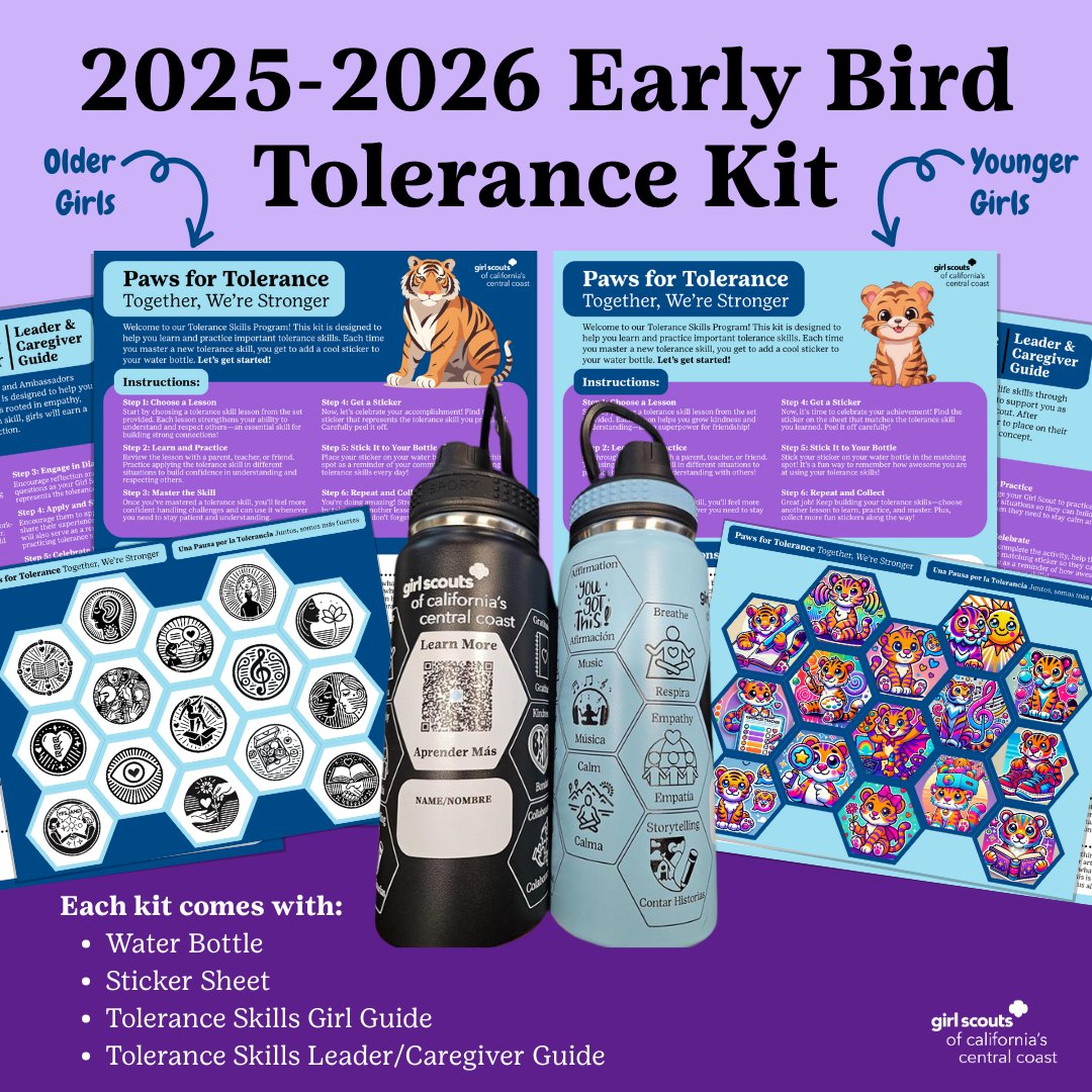 Register/Renew today and get a FREE Tolerance Kit to help you grow your skills.

What's in the kit?
💧Water bottle
🎨Sticker sheet 
📖Tolerance Skills Girl Guide
📓Leader/Caregiver companion guide

Join or renew at ow.ly/AisE50VC1lN 

#ToleranceSkills #EarlyBird #GSCCC