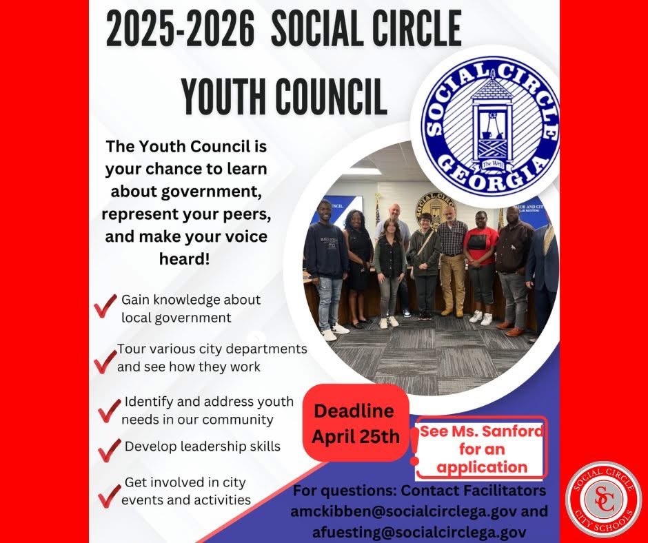 Social Circle City Schools (@sccschools) on Twitter photo SCHS students: Want to make a difference? Apply now for the 2025β2026 Social Circle Youth Council!
Deadline: April 25
See Ms. Sanford for an application!
Questions?
amckibben@socialcirclega.gov
afuesting@socialcirclega.gov
#SCCSallin SCHS students: Want to make a difference? Apply now for the 2025β2026 Social Circle Youth Council!
Deadline: April 25
See Ms. Sanford for an application!
Questions?
amckibben@socialcirclega.gov
afuesting@socialcirclega.gov
#SCCSallin