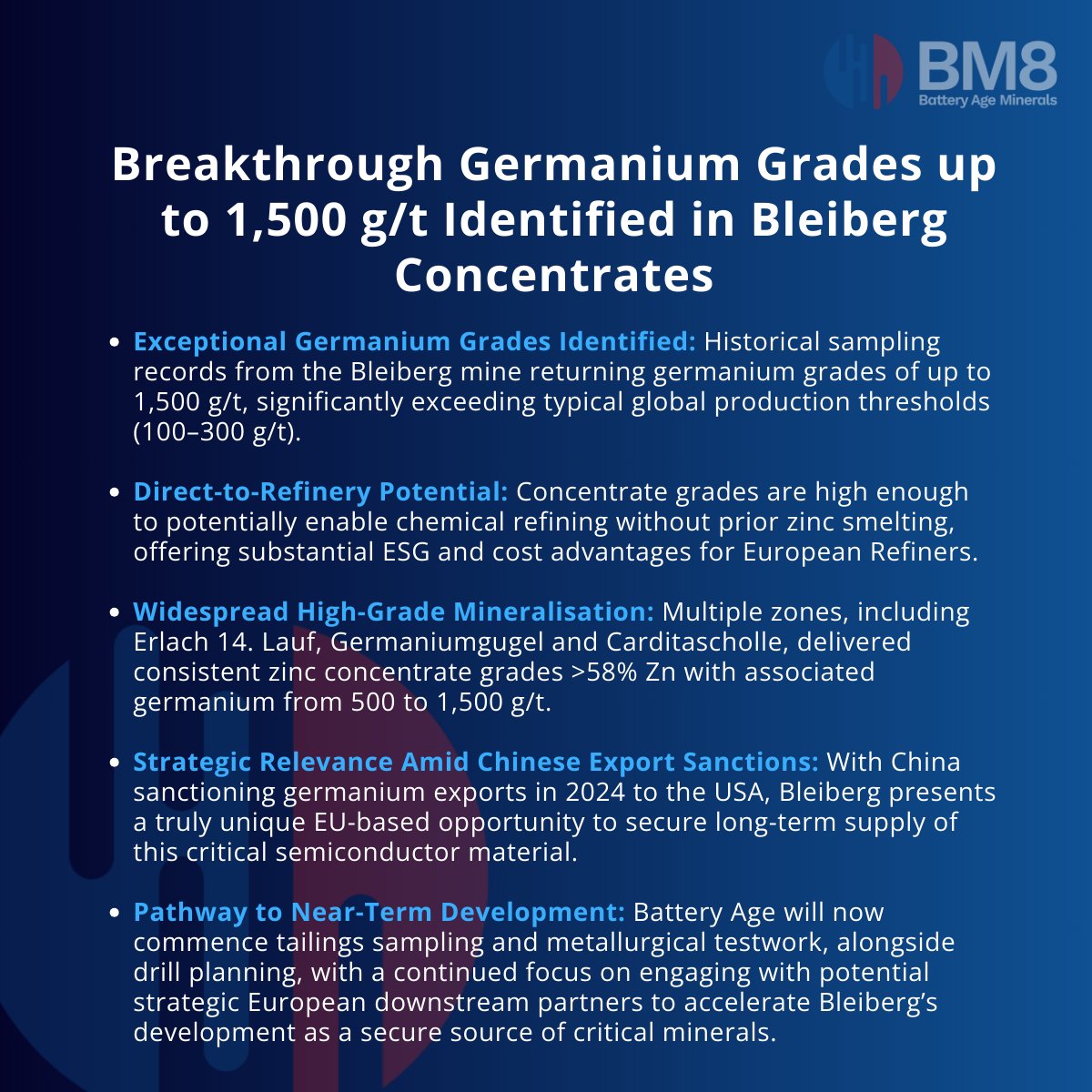 #BM8 is pleased to report the findings from an historic, government initiated study at the Bleiberg Mine, Austria, following the review of the previously unpublished government-commissioned report. Read the full announcement: announcements.asx.com.au/asxpdf/2025041…
